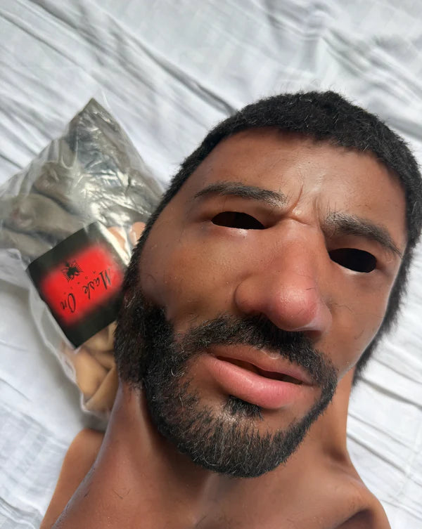 Ultra-Realistic Black Male Mask – Curly Hair & Beard – 30 Years Old